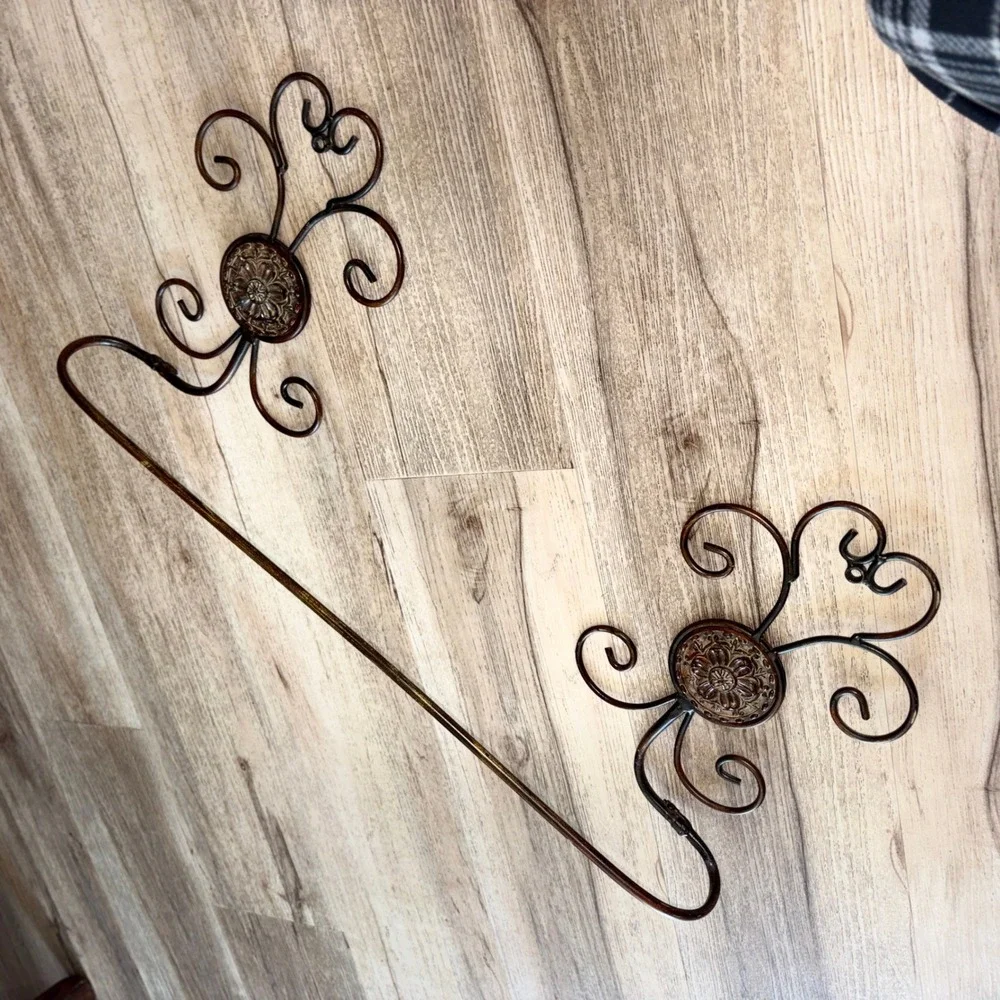 3pc Bronze Ornate Wrought Iron Bath Wall Decor Set Towel Bar Double Hook Shelf